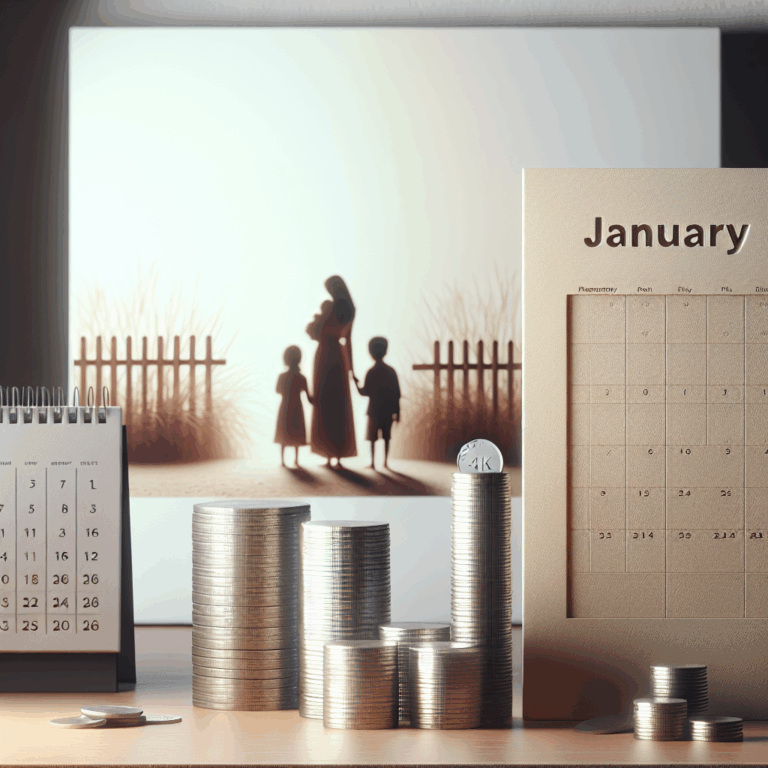 Illustrazione del Nuovo Bonus mamme con monete, calendario di gennaio e sagoma di madre con figli