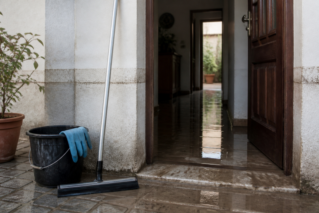 Strumenti per la pulizia in un interno durante il recupero dopo un allagamento.
