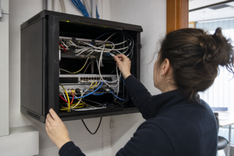 Tecnica informatica controlla l’armadio di rete di una piccola impresa.