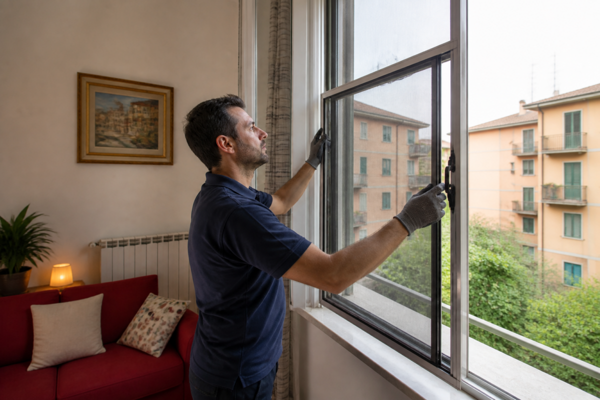 Dettaglio della regolazione di una zanzariera su una finestra domestica.