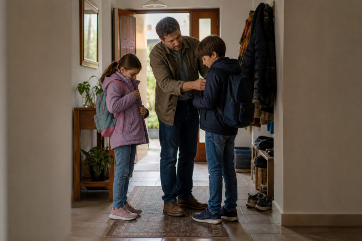 Un genitore aiuta due figli a prepararsi per andare a scuola.