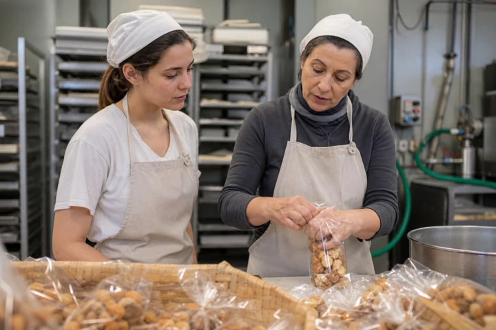 Una nuova assunta segue le indicazioni di una collega in un laboratorio alimentare.