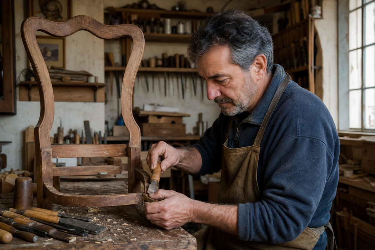 Artigiano autonomo al lavoro in una piccola bottega di restauro.
