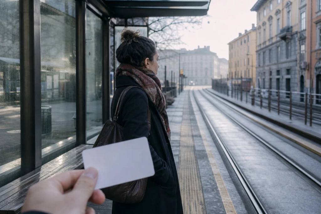 Pendolare a una fermata del tram con una tessera di trasporto non identificabile in primo piano.