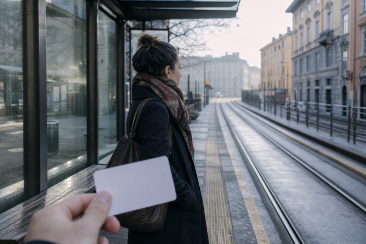 Pendolare a una fermata del tram con una tessera di trasporto non identificabile in primo piano.